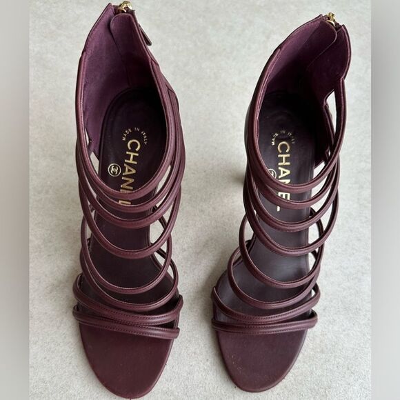 Chanel Coco Tower Cage Burgundy & Gold Sculptural Chain High Heel Sandals 38.5 - Picture 2 of 14